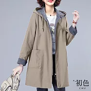 【初色】休閒風拼色寬鬆防風大口袋抽繩連帽長袖中長款風衣外套女外套-共3色-17180(M-4XL可選) M 卡其色