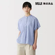 【MUJI 無印良品】女吉貝木棉混二重紗織短袖套衫 M 淡藍直紋