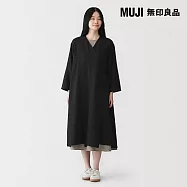 【MUJI 無印良品】女吉貝木棉混二重紗織交叉綁帶洋裝 S 黑色