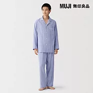 【MUJI 無印良品】男無側縫二重紗織長袖家居睡衣 XL 藍直紋