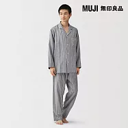 【MUJI 無印良品】男無側縫二重紗織長袖家居睡衣 L 深藍直紋