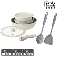 贈廚房配件【美國康寧WORLD KITCHE】鑄造鈦無印可拆式手柄不沾鍋具六件組 (18cm湯鍋/18cm PP保鮮蓋/20cm平煎/26cm深煎/26cm鍋蓋)