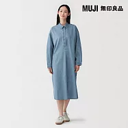 【MUJI 無印良品】女吉貝木棉混輕磅丹寧長袖洋裝 S 淺藍