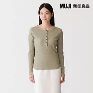 【MUJI 無印良品】女柔滑羅紋亨利領長袖T恤 M 煙燻綠