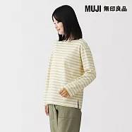 【MUJI 無印良品】女粗織船領長袖T恤 M 淺黃橫紋