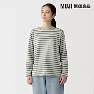 【MUJI 無印良品】女粗織船領長袖T恤 L 煙燻綠紋樣