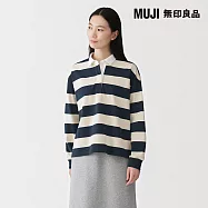 【MUJI 無印良品】女雙股織天竺長袖橄欖球衫 L 深藍橫紋