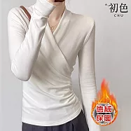 【初色】簡約純色交叉V領收腰修身長袖內搭短款T恤上衣女上衣-共3色-16824(M-2XL可選) M 白色