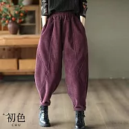 【初色】純色燈芯絨鬆緊腰寬鬆加絨加厚哈倫褲蘿蔔褲休閒褲寬褲長褲-共4色-39443(M-4XL可選) M 紫色