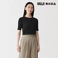 【MUJI 無印良品】女柔滑羅紋圓領五分袖T恤 M 黑色