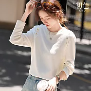 【初色】簡約清新鈕扣裝飾修身圓領長袖T恤上衣女上衣-米色-17103(M-2XL可選) M 米色