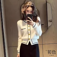 【初色】小香風撞色圓領金釦長袖短版修身針織衫上衣女上衣-白色-17172(F可選) F 白色