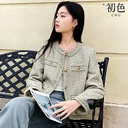 【初色】小香風純色圓領長袖單排金釦輕奢口袋外套女外套-共2色-17108(M-2XL可選) M 綠色