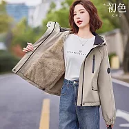 【初色】通勤風短款寬鬆加厚加絨保暖純色連帽長袖派克棉服外套女外套-共3色-17147(M-3XL可選) M 豆綠色