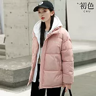【初色】韓系休閒風假兩件寬鬆連帽長袖禦寒保暖麵包服科技羽絨棉外套女外套-共4色-17091(M-2XL可選) M 粉紅色