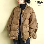 【初色】純色簡約拼接立領拉鍊長袖抽繩保暖禦寒棉服寬鬆外套女外套-共2色-17065(F可選) F 咖色