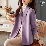 【初色】韓版簡約純色翻領排釦長袖毛呢開衫大衣外套女外套-紫色-17157(M-3XL可選) M 紫色