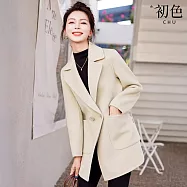 【初色】純色雙面毛呢絨毛西裝領長袖保暖寬鬆中長版大衣外套女外套-共2色-17158(M-3XL可選) M 米色