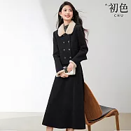 【初色】撞色翻領口袋排釦長袖加厚外套女外套+純色中長款A字裙半身裙套裝-黑色-17117(M-2XL可選) M 黑色