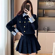 【初色】法式小香風拼接撞色條紋單排釦翻領長袖外套女外套+純色A字百褶短裙半身裙-共2色-17101(M-XL可選) M 藏藍色