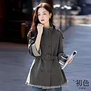 【初色】通勤風拼接格紋寬鬆收腰雙排釦立領長袖風衣外套女外套-深灰色-17135(M-3XL可選) M 深灰色