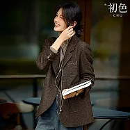 【初色】英倫通勤風純色西裝領長袖單排釦優雅刺繡毛呢西裝外套女外套-共2色-17136(M-3XL可選) M 棕色