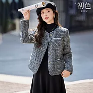 【初色】法式小香風粗花毛呢針織口袋排扣圓領長袖開衫外套女外套-花灰色-17107(M-2XL可選) M 花灰色