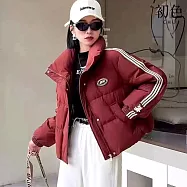 【初色】美式撞色立領科技羽絨棉保暖拉鍊口袋長袖棉服外套女外套-酒紅色-17132(M-XL可選) M 酒紅色