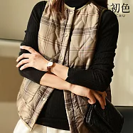 【初色】日系格紋排釦口袋圓領無袖馬甲背心女背心-卡其色-17111(M-2XL可選) M 卡其色