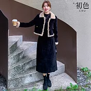 【初色】小香風拼接排釦長袖翻領外套女外套+純色直筒裙半身裙套裝-黑色-17122(M-2XL可選) M 黑色