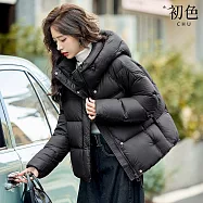 【初色】韓版簡約寬鬆連帽長袖短版科技羽絨棉麵包服外套女外套-共4色-17054(M-XL可選) M 黑色