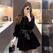 【初色】小香風沉著絲絨鈕扣花邊收腰立領長袖中長裙連衣裙連身洋裝-黑色-17123(M-2XL可選) M 黑色