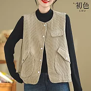 【初色】復古文藝風寬鬆加厚純色貼布口袋單排釦圓領無袖燈芯絨馬甲背心女背心-共4色-17110(M-2XL可選) M 杏色