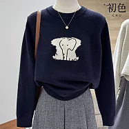 【初色】簡約大象刺繡圓領長袖保暖毛衣內搭打底針織衫寬鬆上衣女上衣-共2色-17050(F可選) F 藏藍色