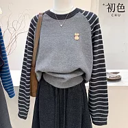 【初色】撞色拼接條紋迷你小狗刺繡圓領長袖內搭打底針織衫毛衣上衣女上衣-共2色-17052(F可選) F 灰色