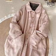 【初色】文藝亞麻風寬鬆娃娃領排釦長袖夾棉中長大衣棉服外套女外套-共2色-17066(L-2XL可選) L 粉色