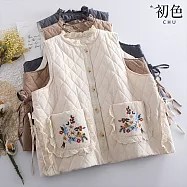 【初色】荷葉邊領口菱格紋花草刺繡大口袋蕾絲排扣鋪棉馬甲背心上衣女上衣-共3色-32382(M-2XL可選) M 米色