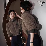 【初色】法式小香風加厚保暖拼接撞色立領長袖暖絨外套女外套-咖色-17173(M-2XL可選) M 咖色