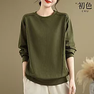 【初色】文藝風簡約純色外縫線寬鬆圓領長袖衛衣大學T上衣女上衣-綠色-17082(M-2XL可選) M 綠色