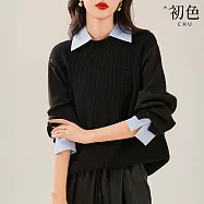 【初色】撞色襯衫領長袖假兩件拼接針織襯衫上衣女上衣-藏藍色-17198(F可選) F 藏藍色