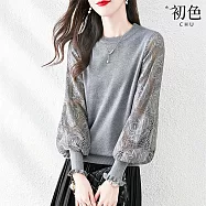 【初色】日系蕾絲鏤空拼接寬鬆圓領木耳邊泡泡長袖針織衫上衣女上衣-共3色-17206(F可選) F 灰色