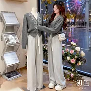 【初色】復古風氣質蕾絲釘珠V領排釦長袖針織衫上衣女上衣-灰色-17037(F可選) F 灰色