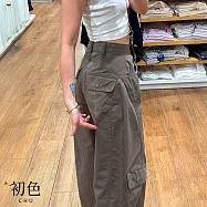 【初色】美式復古風純色口袋工裝褲闊腿彎刀褲直筒褲休閒褲寬褲長褲-共1色2款-17194(M-XL可選) M 灰綠色小個子款