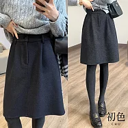【初色】通勤風簡約純色毛呢立體捏摺花苞裙半身裙短裙-共2色-17199(M-XL可選) M 黑藍色