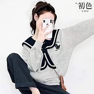 【初色】海軍休閒撞色拼接領巾刺繡圓領長袖水手服上衣女上衣-淺灰色-17417(M-XL可選) M 淺灰色