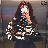 【初色】韓系復古條紋圓領長袖單排釦針織開衫上衣女上衣-藏青色-17418(F可選) F 藏青色