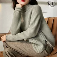 【初色】簡約純色麻花紋高領長袖寬鬆開衩保暖毛衣上衣女上衣-共3色-17372(F可選) F 灰綠色