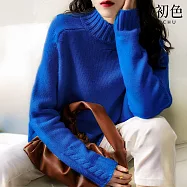 【初色】簡約純色麻花紋高領長袖寬鬆開衩保暖毛衣上衣女上衣-共3色-17372(F可選) F 克萊因藍
