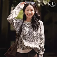 【初色】英倫風慵懶休閒撞色緹花圓領落肩長袖針織毛衣上衣女上衣-駝色-17424(F可選) F 駝色