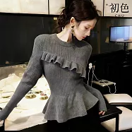 【初色】法式修身顯瘦純色拼接荷葉邊半高領長袖針織毛衣上衣女上衣-灰色-17351(F可選) F 灰色